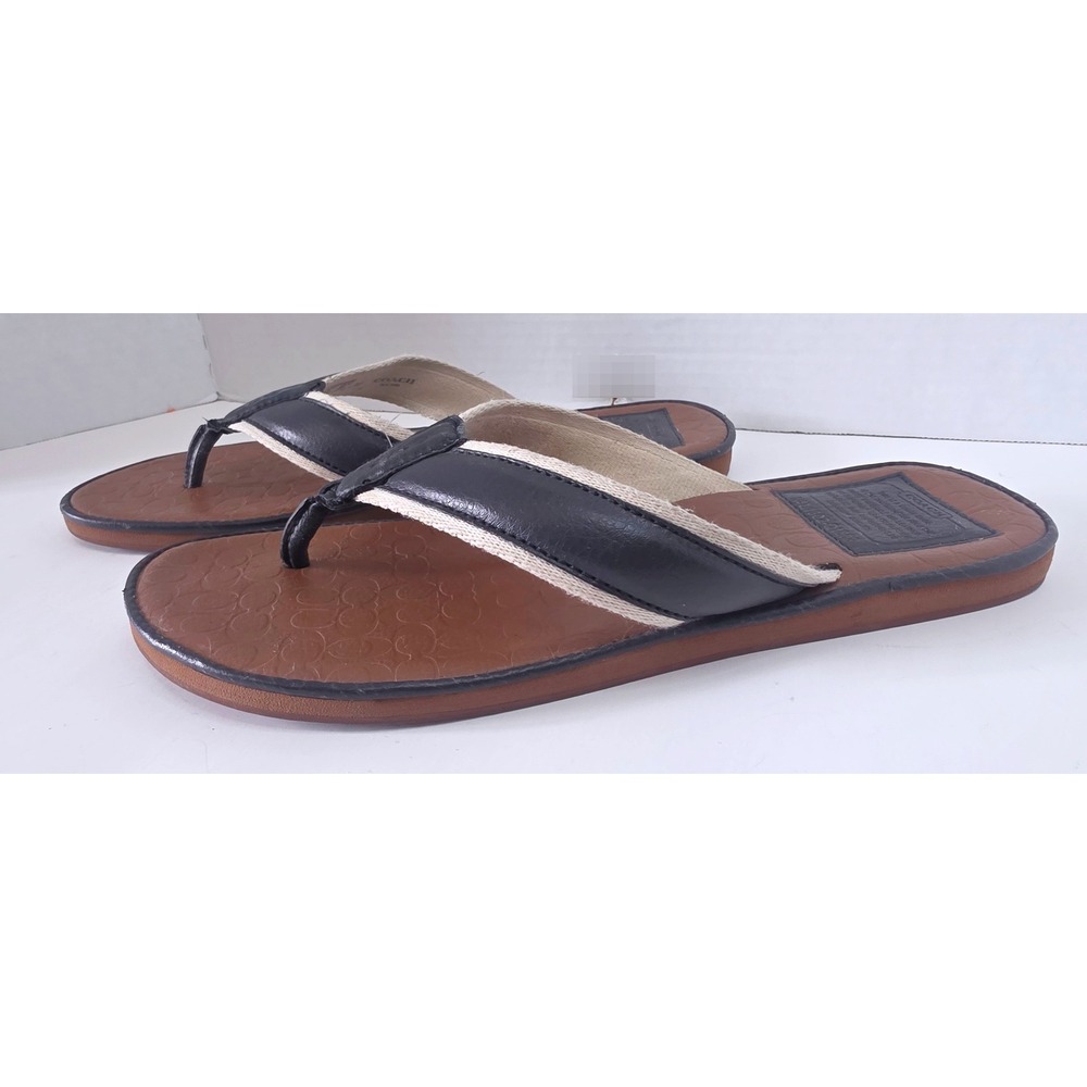 Coach Mak Navy Leather Signature Logo Flip Flop Sandals L1302-Q1852 Size 10D